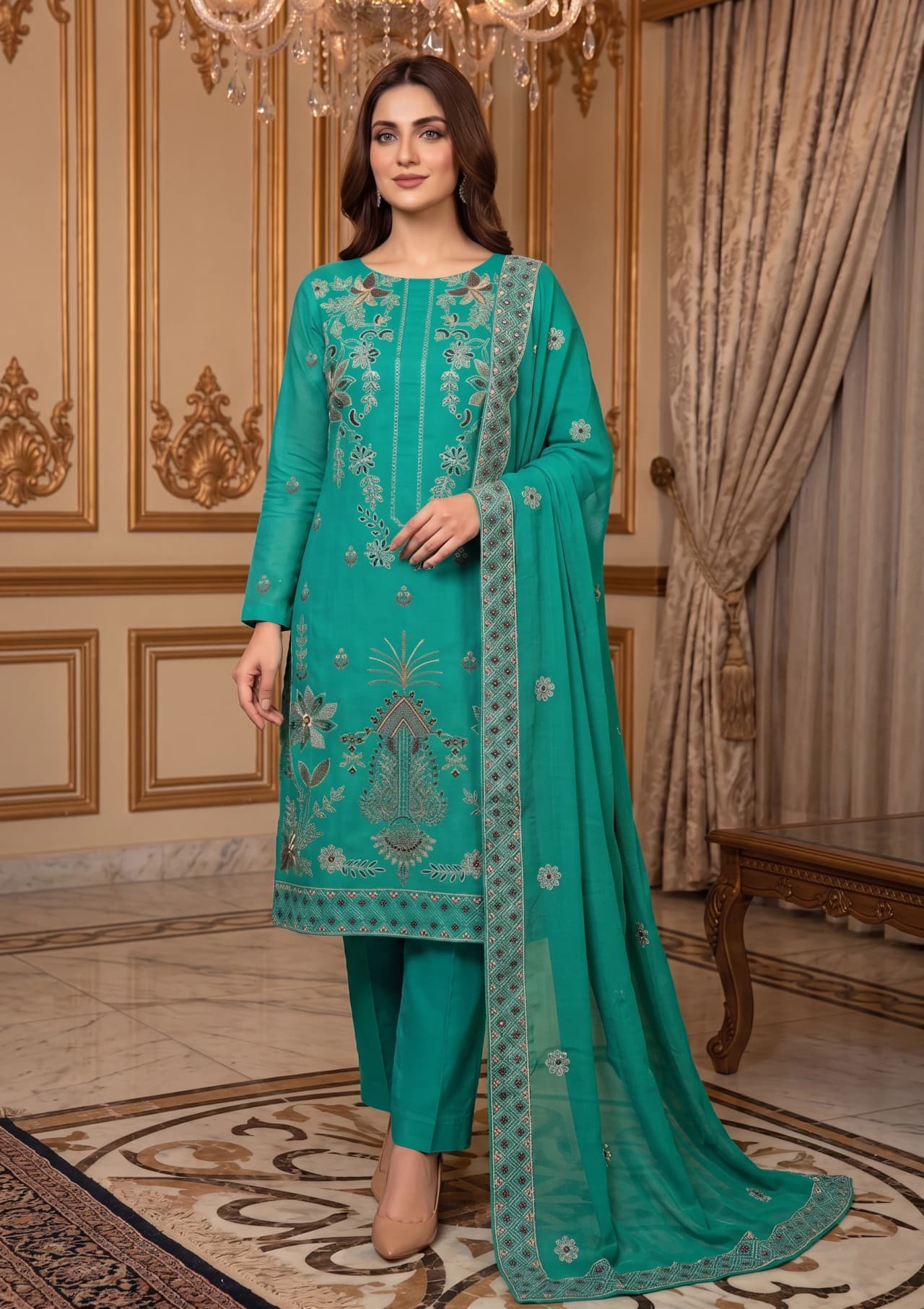 Delaya Delaya Nafees — Unstitched 3-Piece Embroidered Suit | Article 190